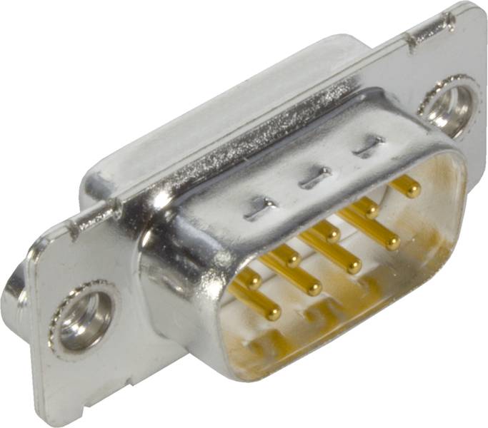 Ein silberner Stecker mit mehreren goldenen Pins, seitliche Schraublöcher zur Befestigung. Geeignet für technische Verbindungen.