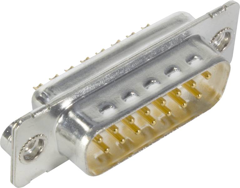 Ein DB9-Stecker in Nahaufnahme, silberfarben mit goldenen Kontakten, typischerweise für serielle Verbindungen in älteren Computern verwendet.