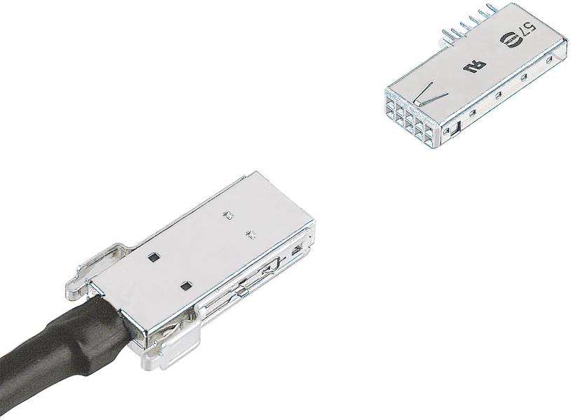 Stecker mit Kabel und dazugehöriger Buchse, verwendet für elektronische Verbindungen; zeigt die Anschlussseite beider Komponenten.