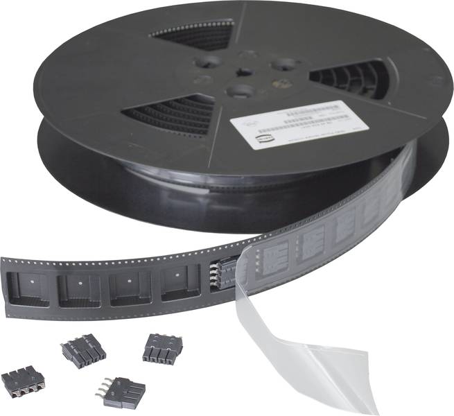 Eine Rolle mit elektronischen Bauteilen in Blisterverpackung. Neben der Rolle liegen einige lose Steckverbinder.