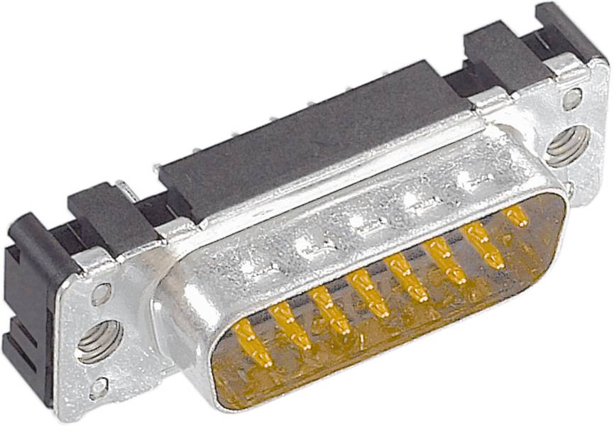 Nahaufnahme eines metallischen Steckverbinders mit mehreren goldfarbenen Pins. Verwendet für elektronische Verbindungen.