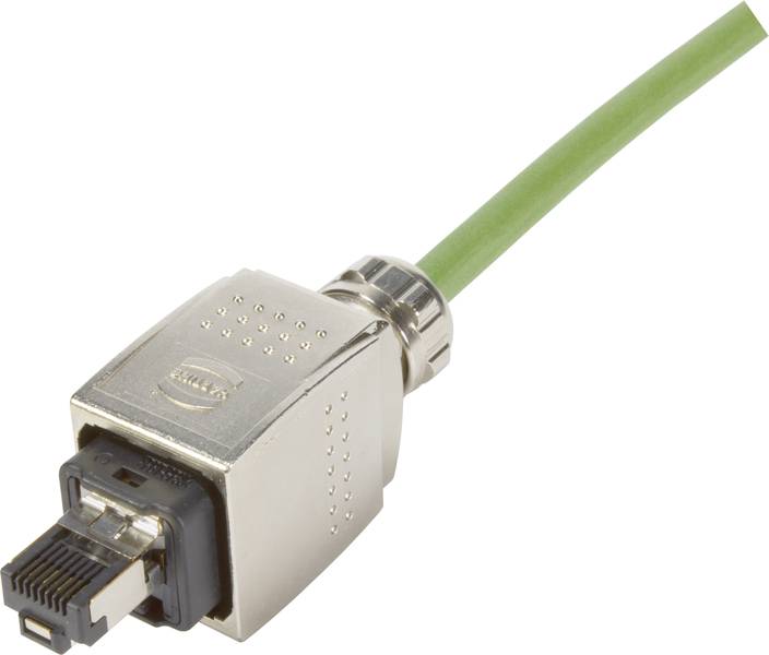 Ein grünes Netzwerkkabel mit metallischem Stecker, geeignet für industrielle Anwendungen.