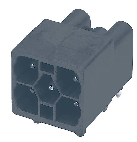 Ein rechteckiger, schwarzer Stecker mit mehreren Anschlussbuchsen.