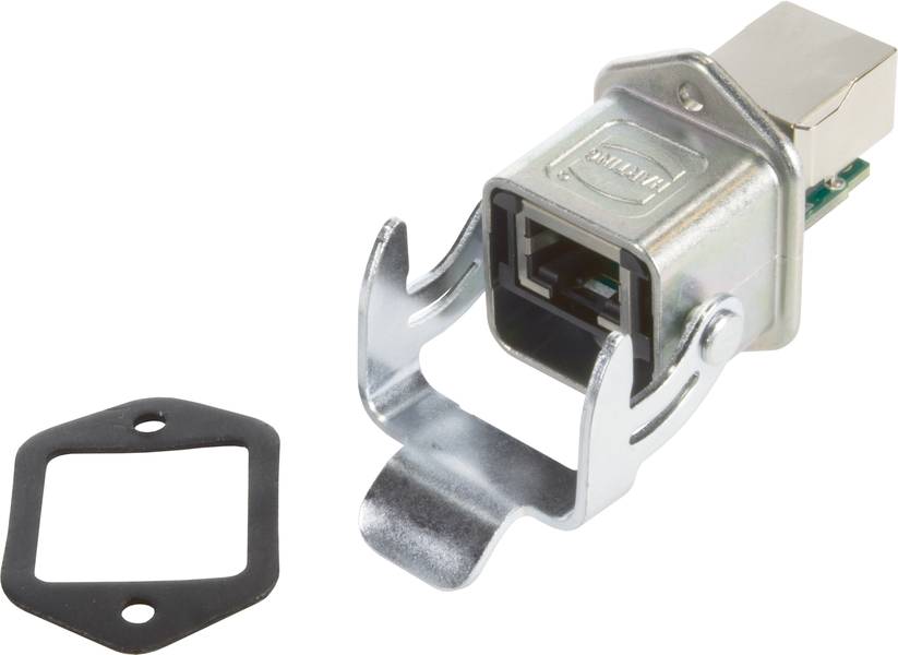 Ein USB-Buchsenbauteil aus Metall mit Halterung und Dichtung, geeignet für Industriesteuerungen, auf weißem Hintergrund.