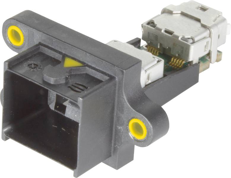 Ein Elektronikteil mit rechteckigem Gehäuse und zwei Metallverbindungen. Hauptsächlich in Geräte für funktionale Anschlüsse verwendet.