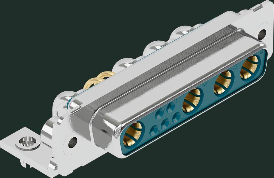 Ein silberner elektrischer Steckverbinder mit mehreren Pins, geeignet für industrielle oder elektronische Anwendungen.