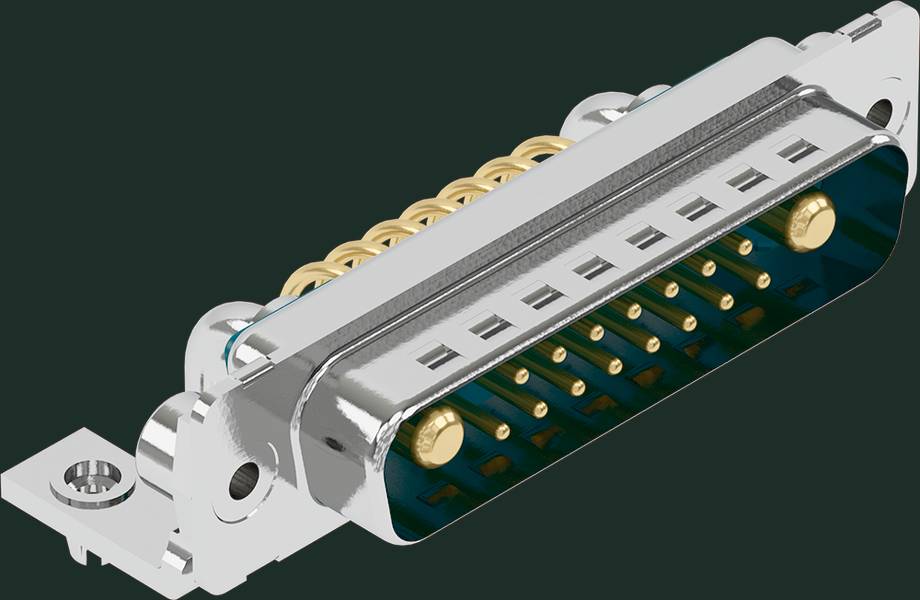Metallischer Steckverbinder mit mehreren goldenen Kontakten und Montagelasche, geeignet für elektronische Geräte oder Kabelverbindungen.