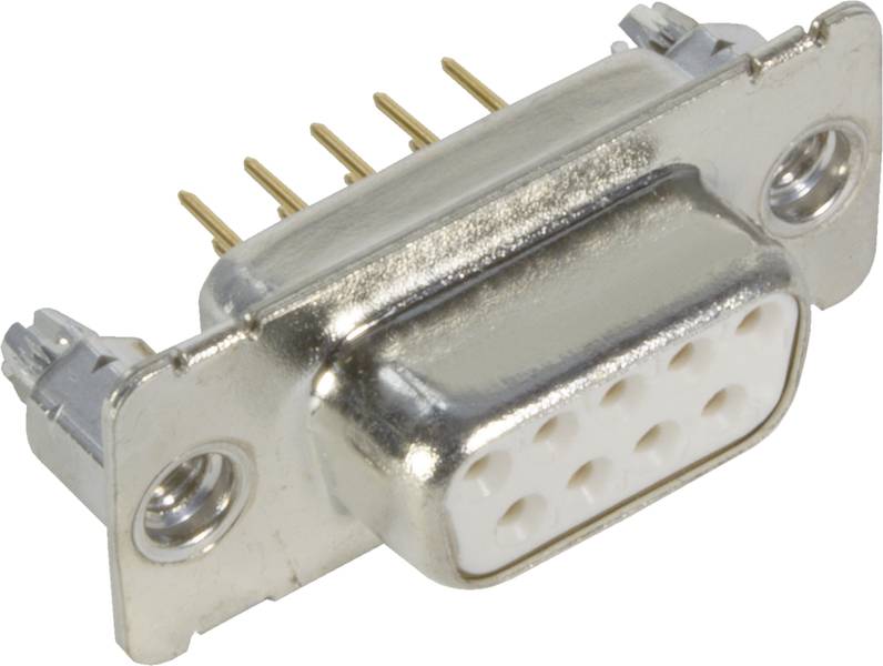 Ein weiblicher D-Sub-Stecker mit neun Buchsen und Metallgehäuse, verwendet für serielle Verbindungen, zeigt die Kontakte auf der Rückseite.