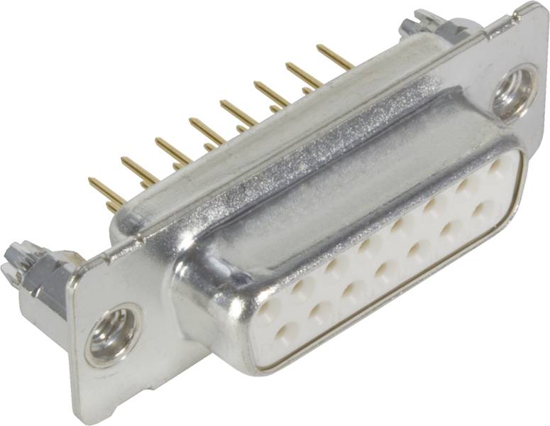 Ein DB9-Steckverbinder mit neun Metallpins, verwendet für serielle Verbindungen in Computer- und anderen elektronischen Geräten.