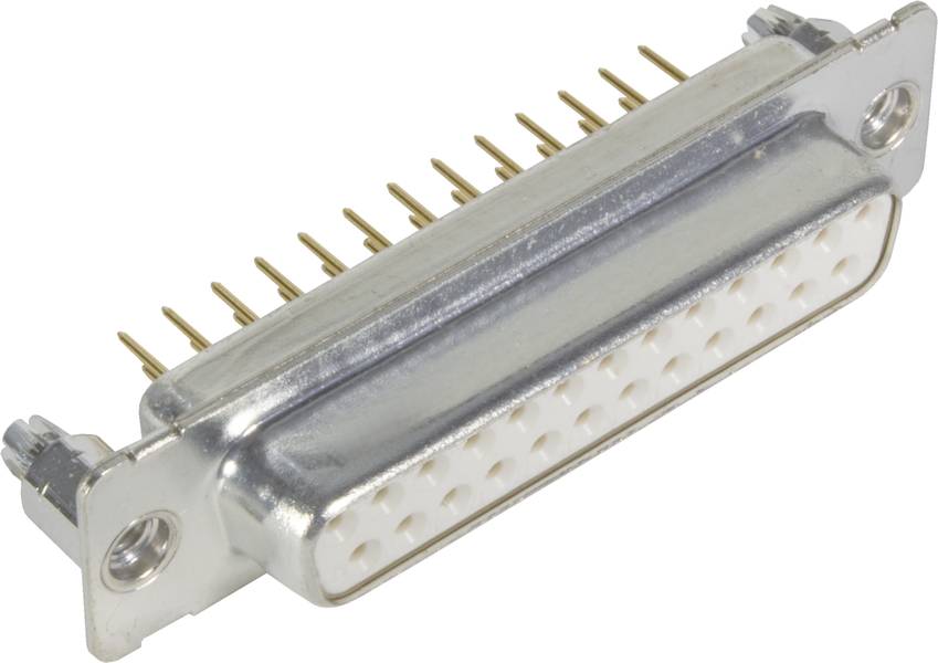 Ein DB-25-Stecker mit 25 Stiften in zwei versetzten Reihen. Metalgehäuse mit Schraubbefestigungen an den Seiten.