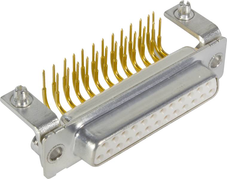 DB-25-Stecker, weiblich, Metallgehäuse, goldene Pins. Häufig in Computernetzwerken und für serielle Verbindungen verwendet.
