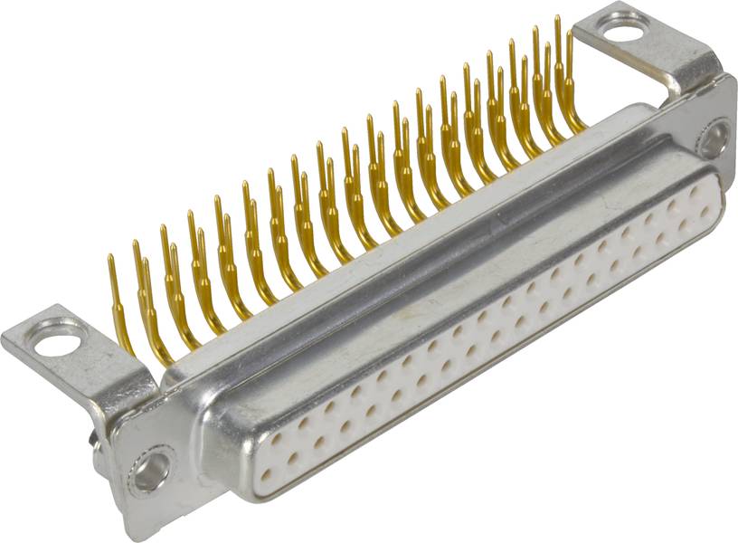 Ein silberfarbener D-Sub-Steckverbinder mit goldenen Stiftkontakten, verwendet für die elektronische Schnittstellenverbindung.