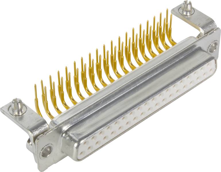 Ein metallener 50-poliger Stecker mit goldenen Pins, typischerweise für elektronische Geräte verwendet.