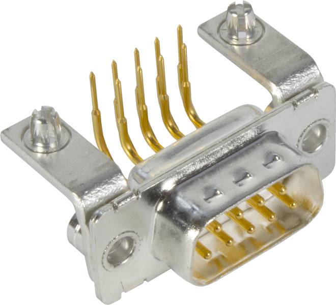 Metallischer neunpoliger Stecker, typischerweise für serielle Kommunikation verwendet, mit sichtbaren goldenen Kontaktstiften.