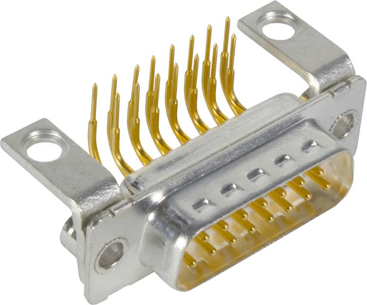 Ein silberner D-Sub-Stecker mit neun goldenen Pins, fokussiert auf die Kontakte. Der Stecker hat zwei Befestigungslöcher an den Seiten.