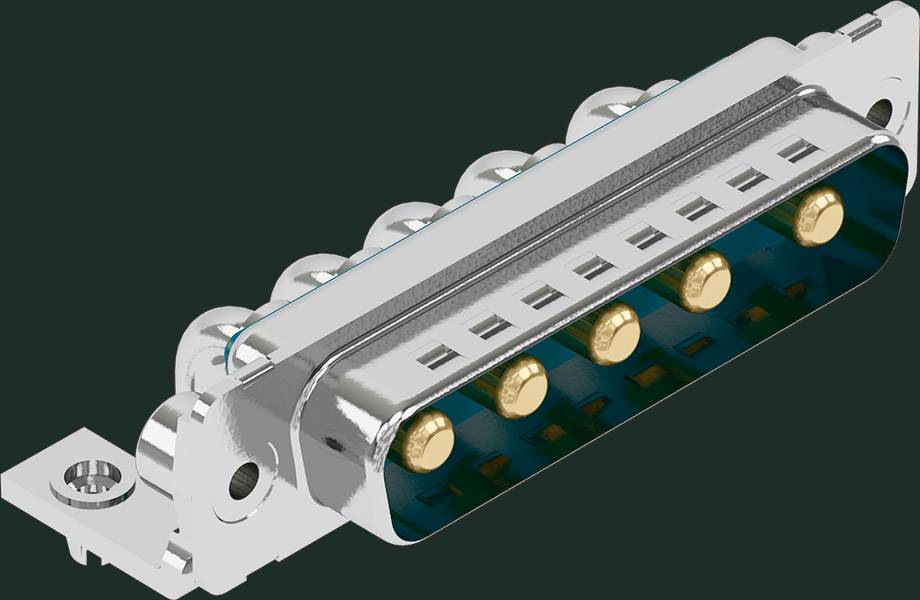Eine silberne Metall-Lichtbrücke mit fünf goldenen Kontakten, verwendet zur elektrischen Verbindung in technischen Geräten.