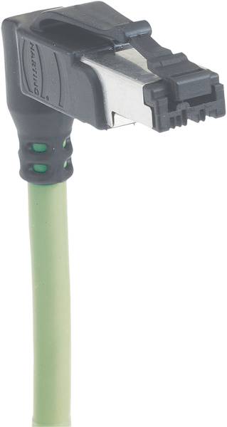 Ein gewinkelter, grüner Ethernet-Stecker mit schwarzem Gehäuse, geeignet für industrielle Netzwerkanwendungen.