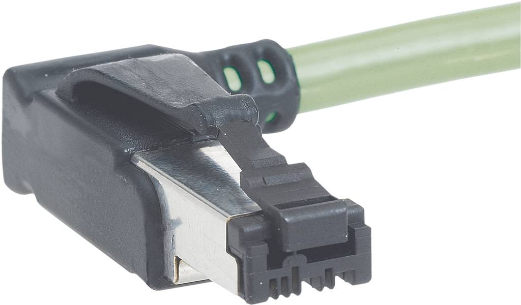 Ein schwarzer, rechtwinkliger RJ45-Stecker mit grünem Kabel.