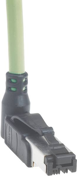 RJ45-Stecker mit grünem Kabel in einem Winkeladapter, eingesetzt in einem Netzwerkanwendungsgerät.