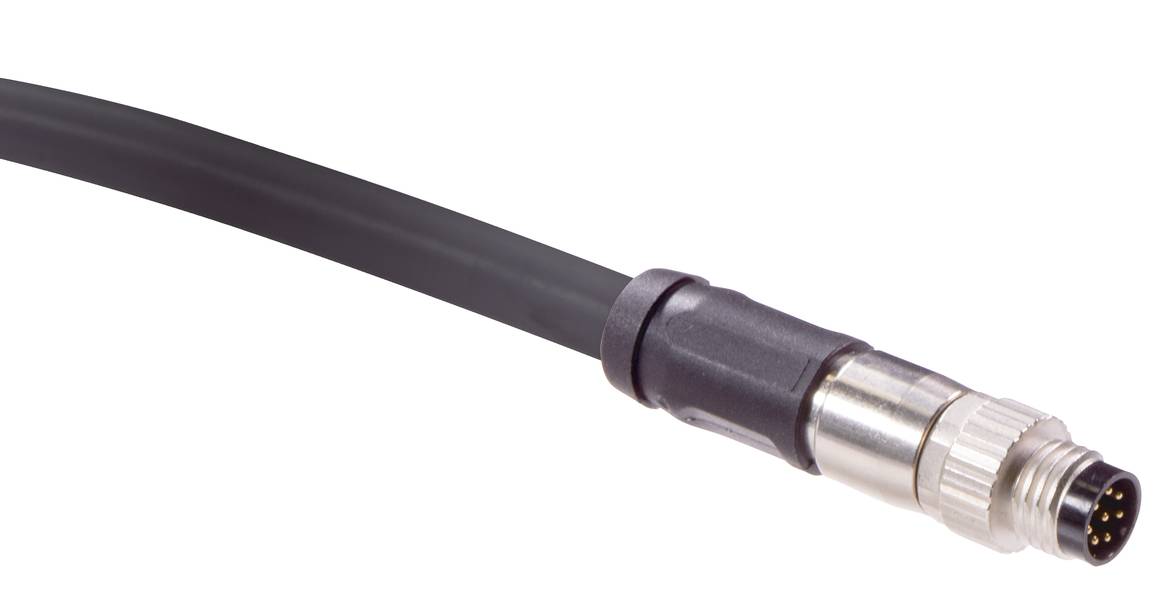 Ein schwarzes Kabel mit einem silbernen Metallstecker am Ende. Der Stecker hat mehrere kleine Pins.