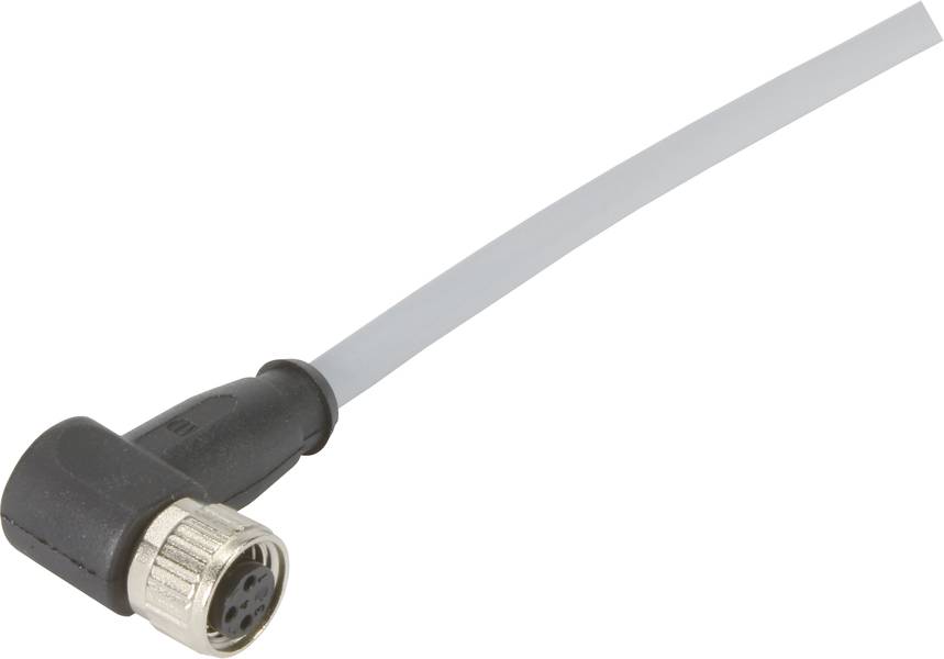 Ein schwarzer Winkelstecker mit silbernem Anschluss und einem hellgrauen Kabel, das nach rechts verläuft.