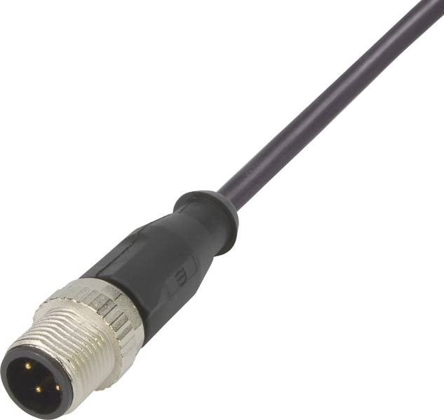 Ein schwarzes Kabel mit einem Metallstecker, wahrscheinlich ein M12-Stecker, verwendet für industrielle Verbindungen und Sensoren.