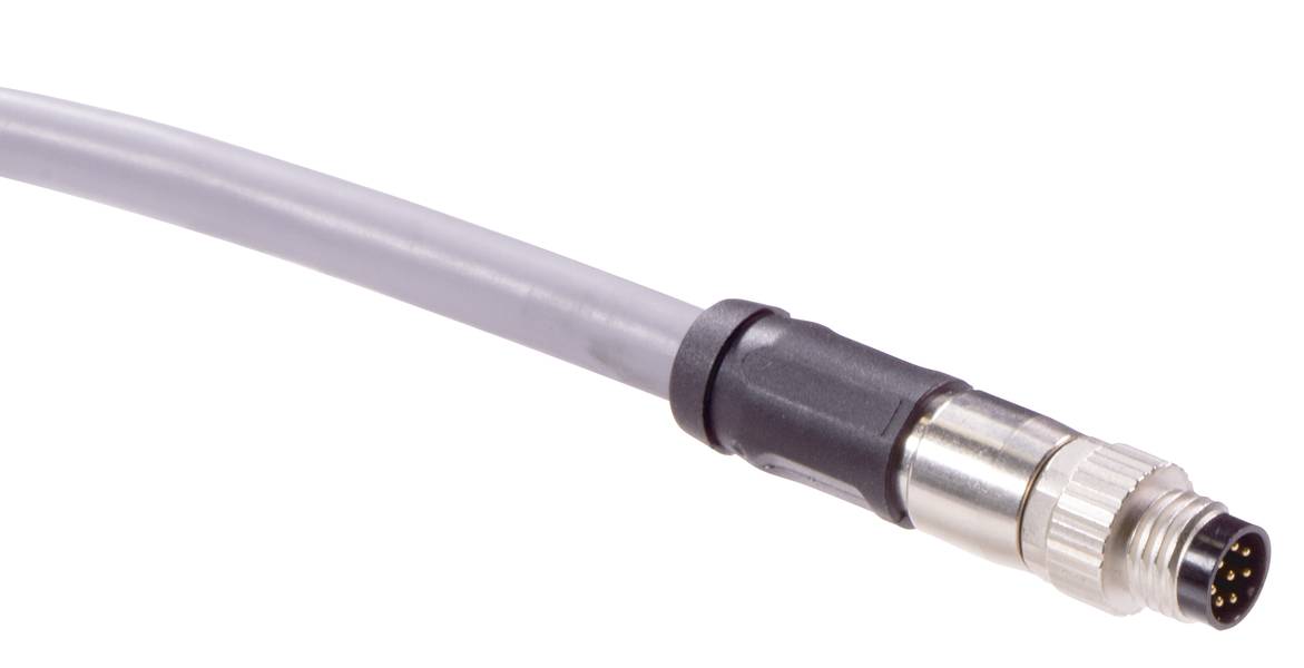Elektrischer Stecker mit mehreren Pins, verbunden an einem grauen Kabel. Verwendet für elektronische Geräte oder industrielle Anwendungen.
