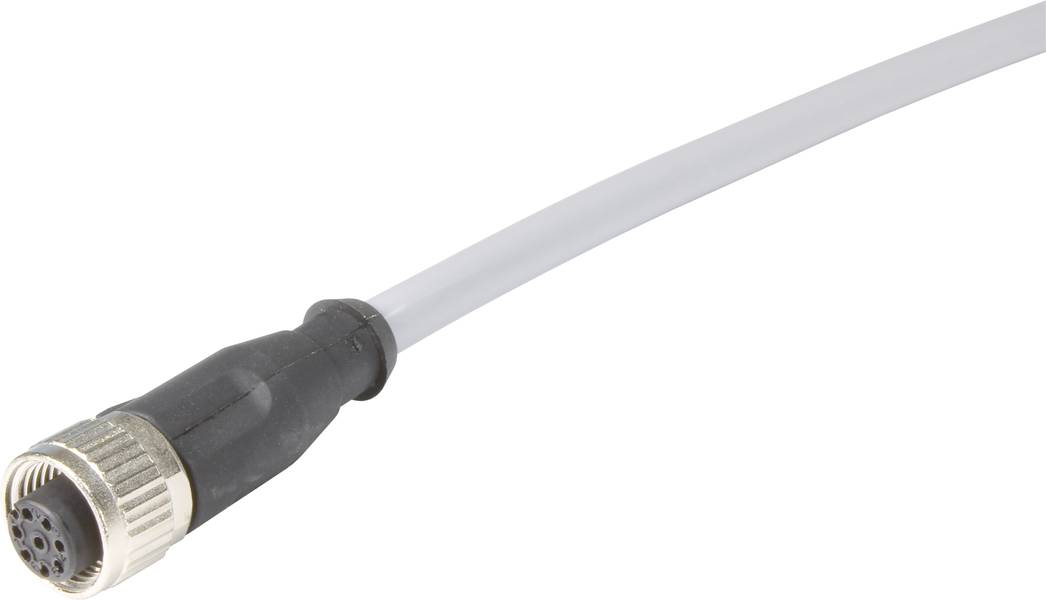 Schwarzes und graues M8-Kabel mit rundem Stecker und mehreren Kontakten, geeignet für Sensoren und Automatisierungstechnik.