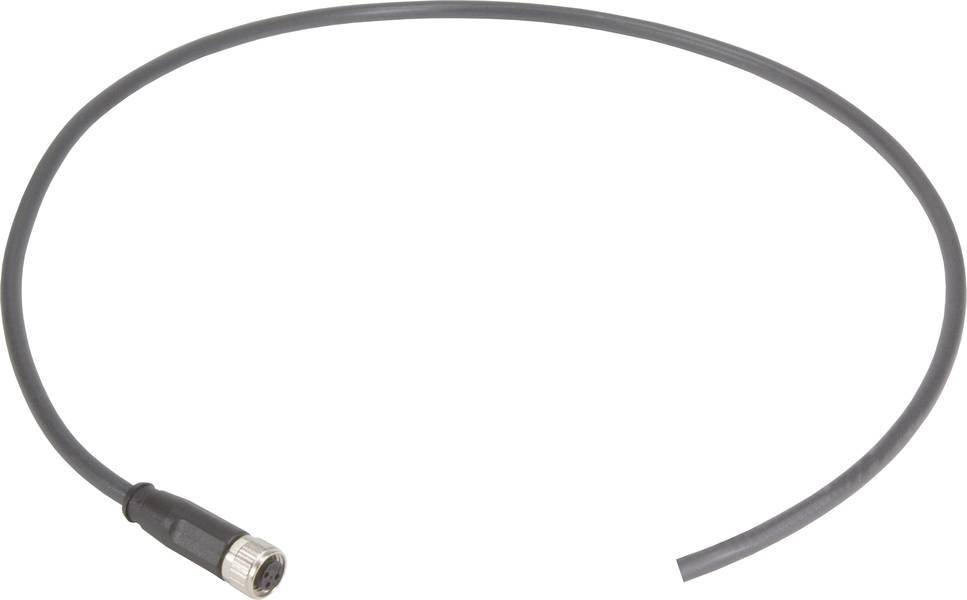 Graues Kabel mit Metallstecker an einem Ende, auf weißem Hintergrund.