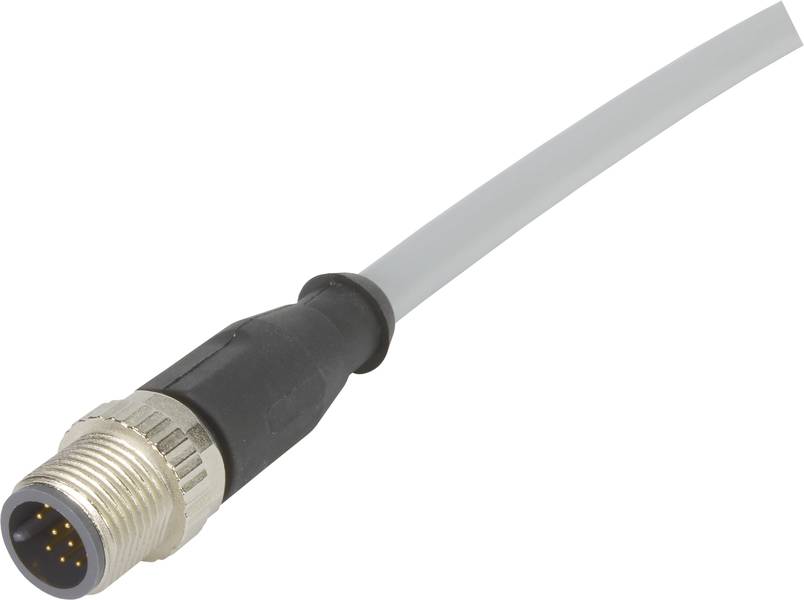 M12-Steckverbinder mit Metallgehäuse und schwarzem Kabel, geeignet für industrielle Anwendungen und robuste Verbindungen.