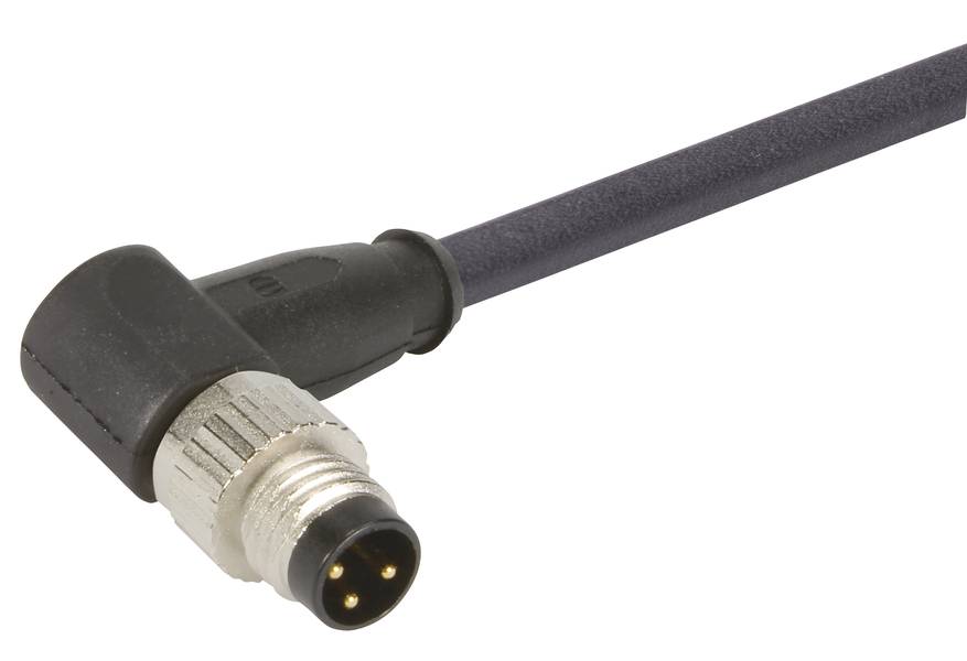 Ein schwarzes, abgewinkeltes Kabel mit vierpoligem Rundstecker.