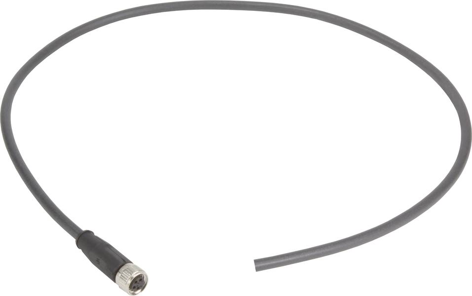Kabel mit einem runden Metallstecker an einem Ende, schwarzer Isolierung, auf weißem Hintergrund.