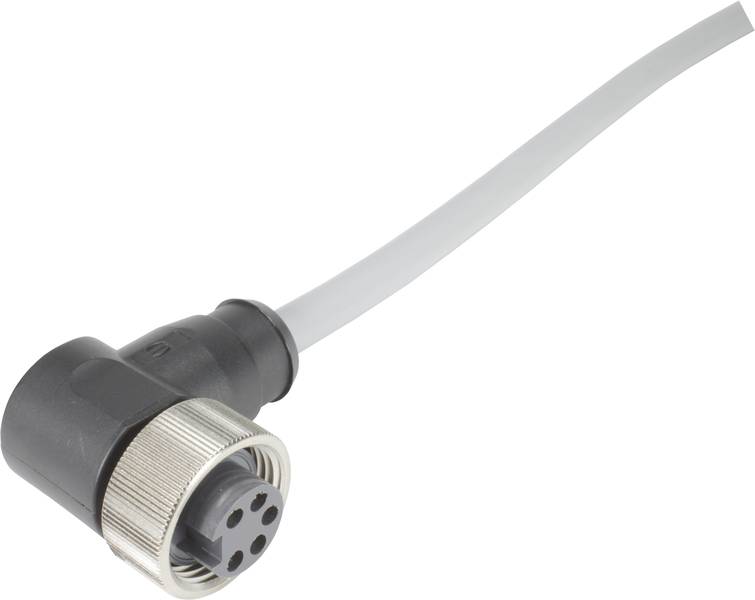 Ein schwarzer gewinkelter Stecker mit einem weißen Kabel, darauf ein rundes Metallgewinde mit vier Sockeln. Geeignet für industrielle Anwendungen.