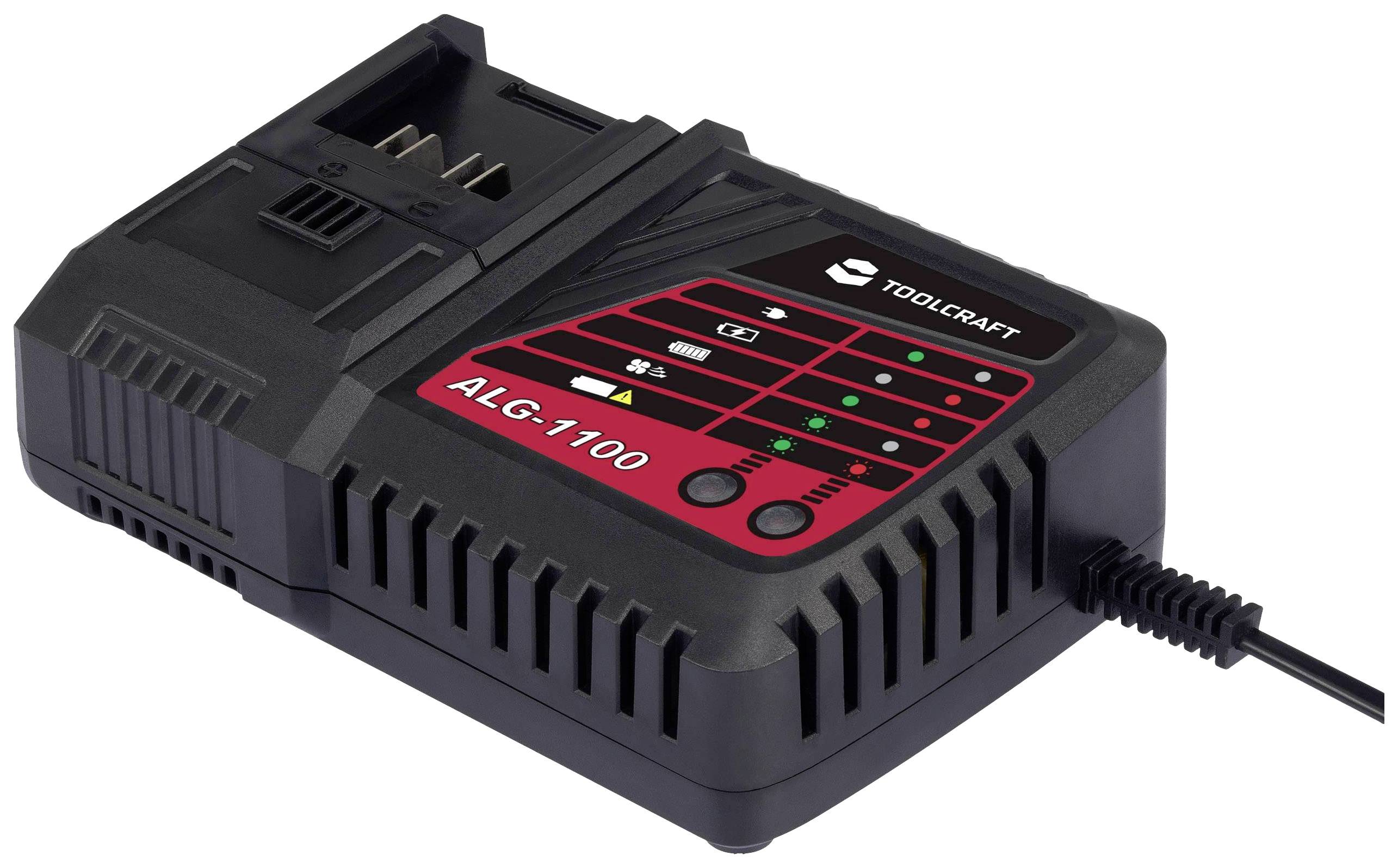 Batterieladegerät von TOOLCRAFT, Modell ALC-1100, mit LED-Anzeigen für Ladezustand und zwei USB-Anschlüssen.