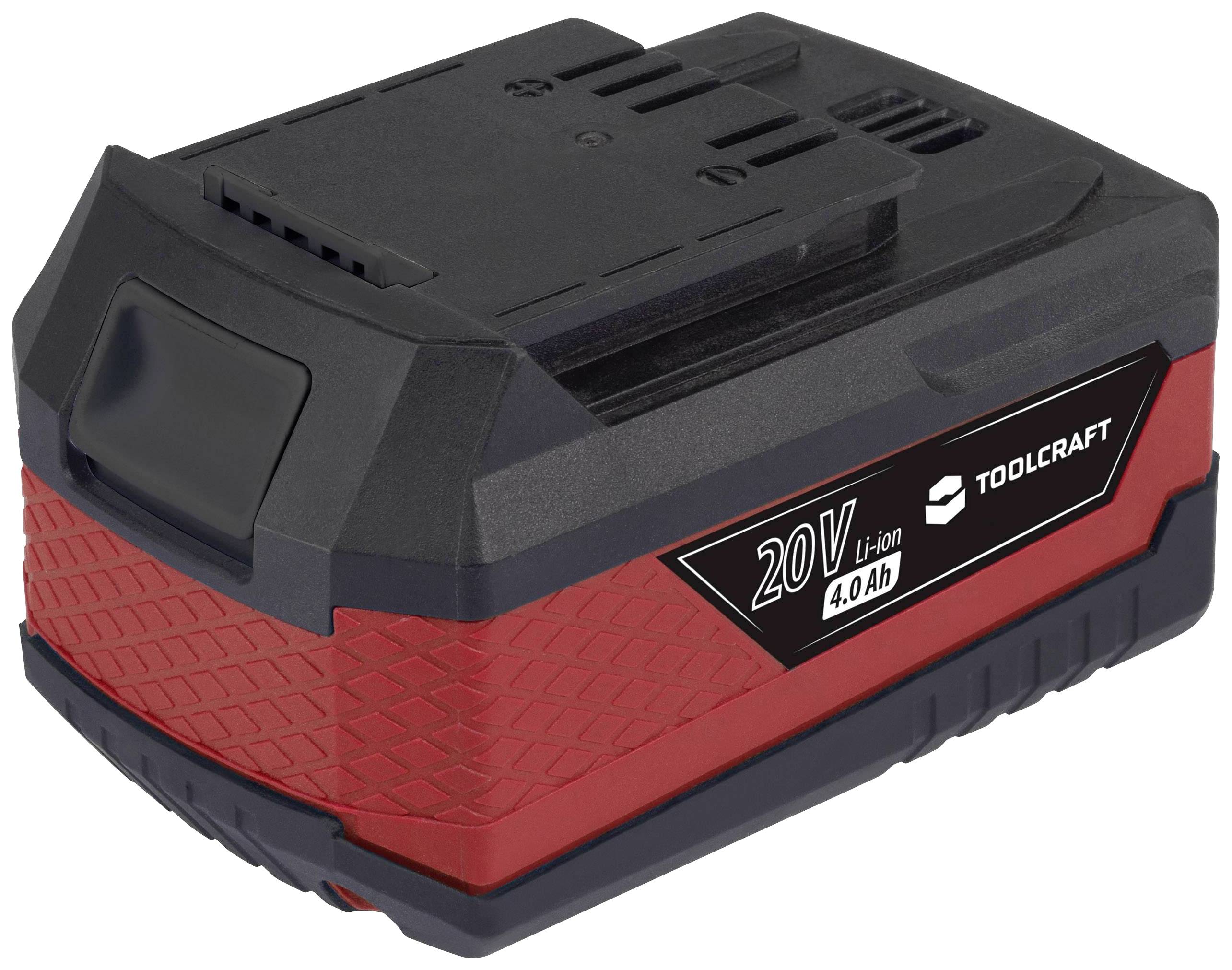 Ein wiederaufladbarer Lithium-Ionen-Akku von Toolcraft mit 20 V und 4,0 Ah, geeignet für Elektrowerkzeuge.