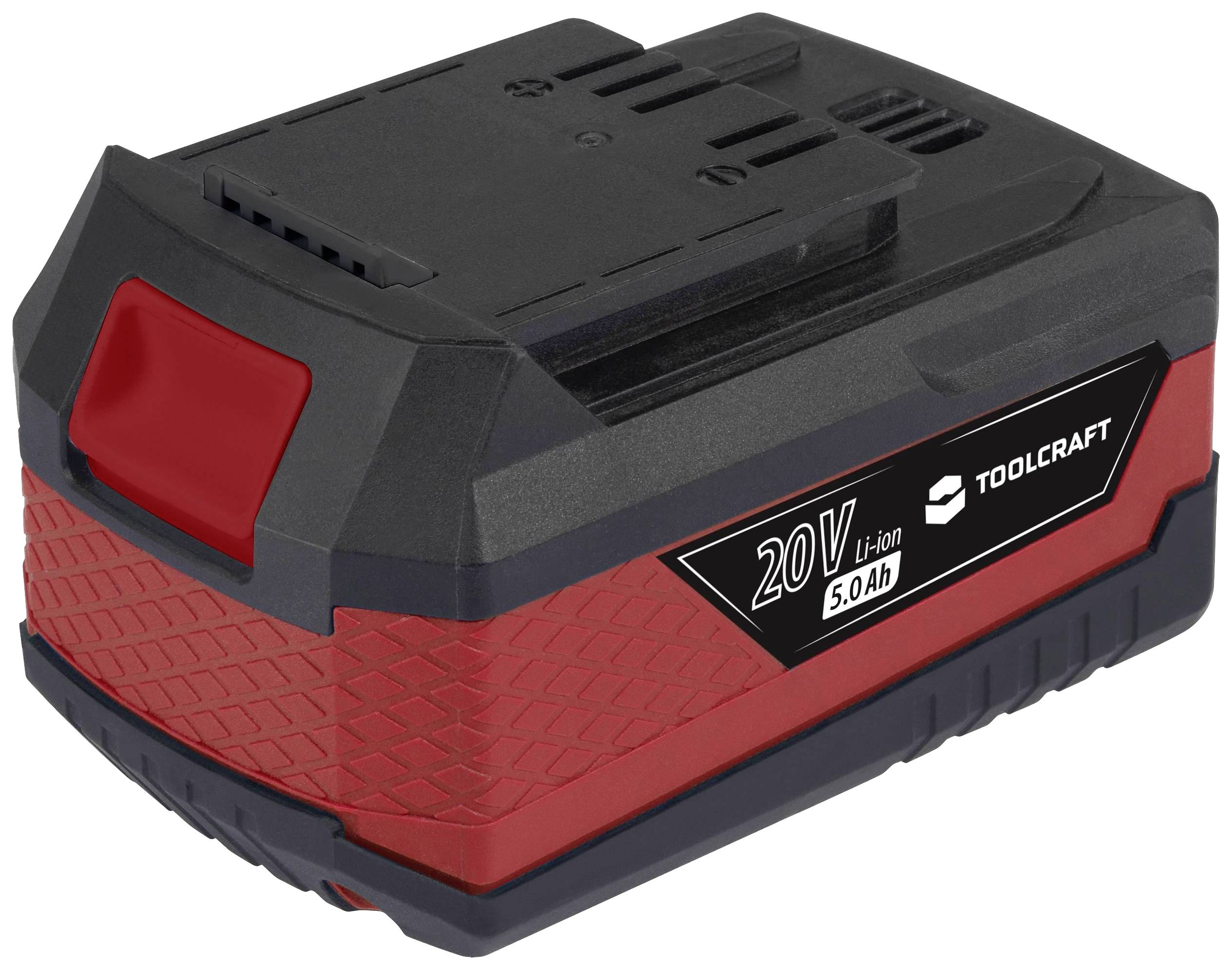 Roter und schwarzer Lithium-Ionen-Akku von Toolcraft, 20V und 5,0 Ah.