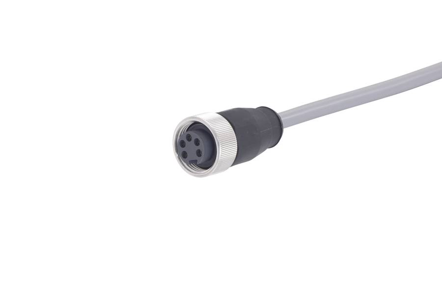 Grauer, runder Stecker mit fünf Löchern und schwarzem Sockel, befestigt an einem Kabel. Geeignet für industrielle Anwendungen.