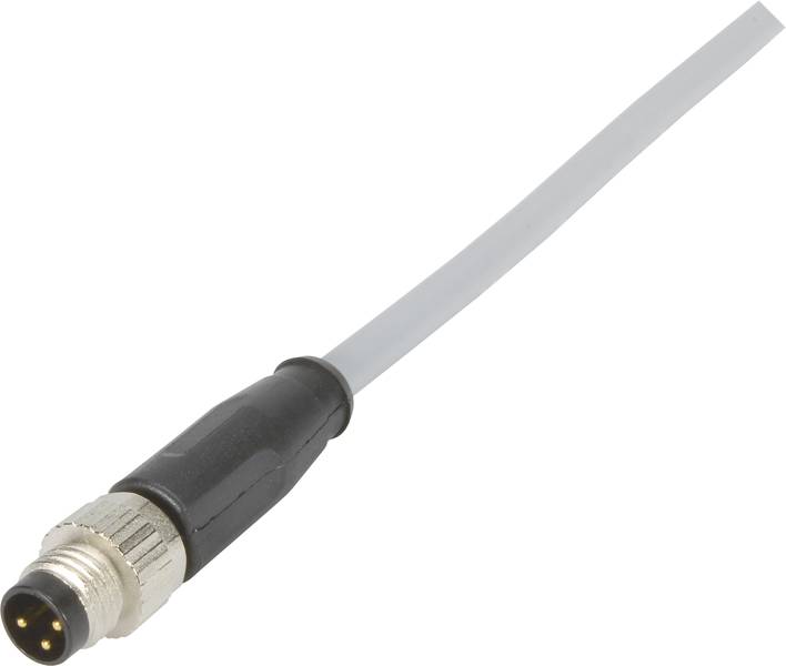 M8-Steckverbinder mit schwarzem Gehäuse und grauem Kabel, in einer Draufsicht dargestellt.