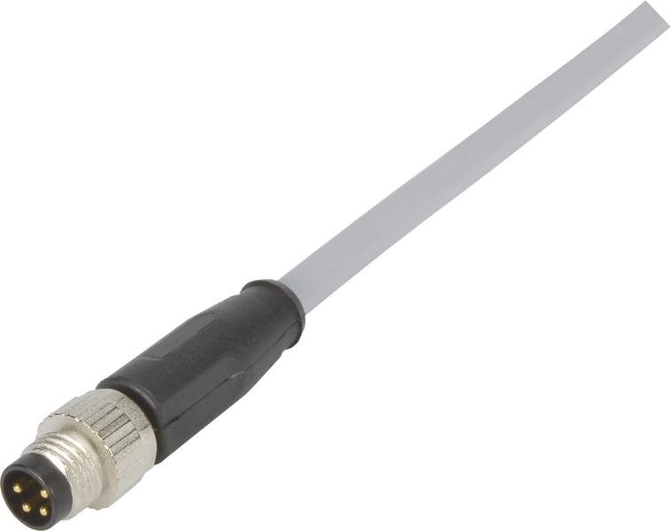 Steckverbinder mit rundem, metallischem Anschluss und mehreren Pins, verlängerter grauer Kabelstrang, in Nahaufnahme sichtbar.