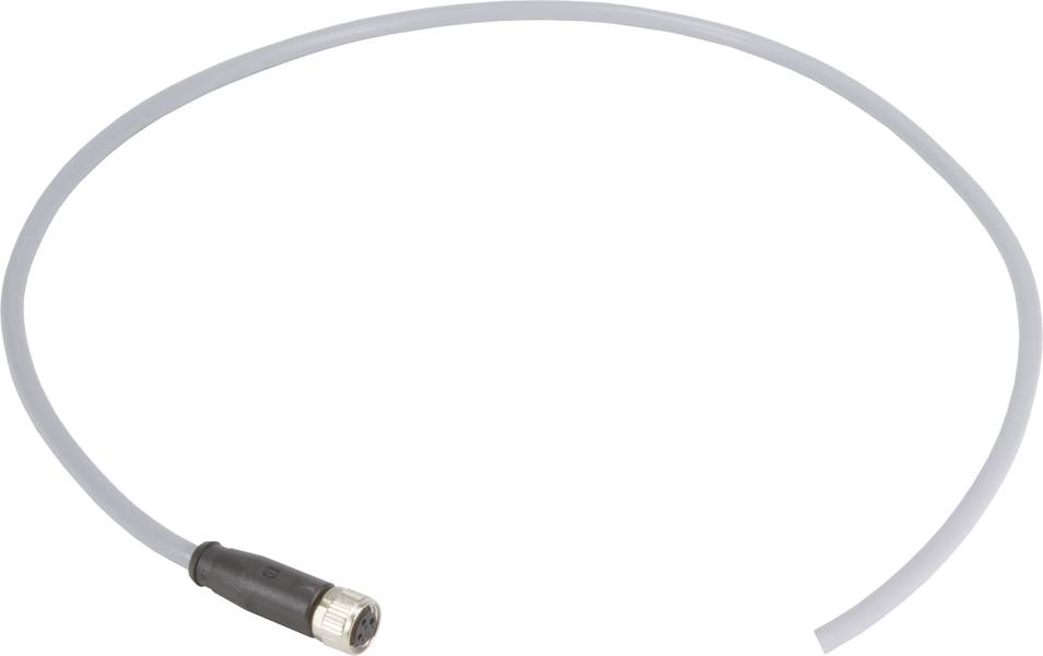 Ein graues Kabel mit einem schwarzen und silbernen Anschluss am Ende liegt kreisförmig vor einem weißen Hintergrund.