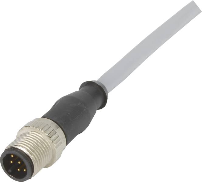 Runder Metallstecker mit mehreren Pins, verbunden mit einem grauen Kabel.