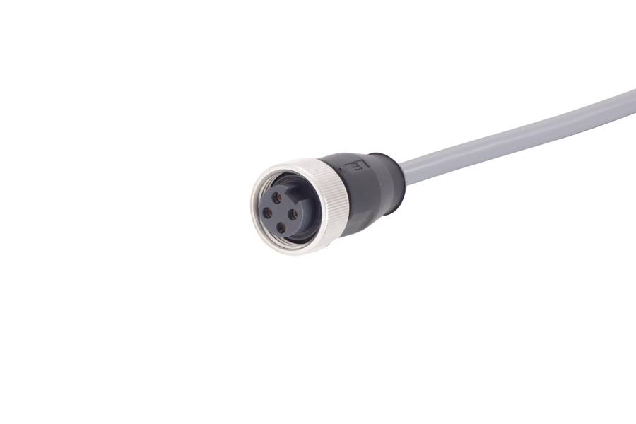 Bild eines runden Steckers mit vier Buchsen an einem grauen Kabel, vor einem weißen Hintergrund.