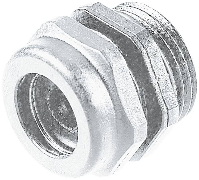 Metallisches, sechseckiges Verschraubungselement mit Außengewinde, Erhöhung in der Mitte und glatter Oberfläche.