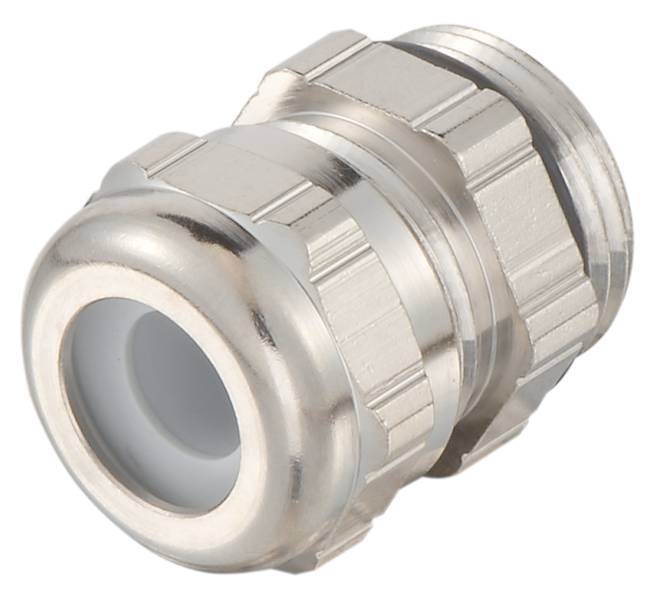 Metallene Kabelverschraubung mit geriffeltem Rand und einer Öffnung in der Mitte, geeignet für den industriellen Einsatz.