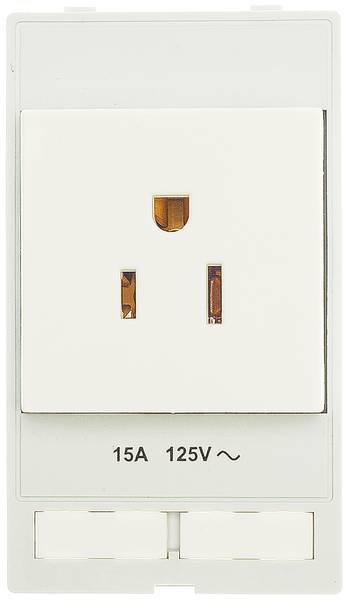 Weiße Steckdose auf weißem Hintergrund mit den Aufdrucken '15A 125V'.