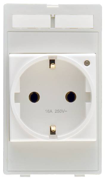 Weiße Steckdose mit zwei Öffnungen und Erdungskontakten, geeignet für 16A und 250V~.