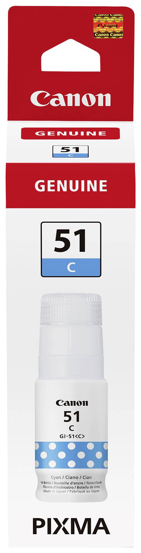 Canon 51 C Druckertinte, cyan, für PIXMA-Drucker. Originalverpackung, betont echte Canon-Qualität.