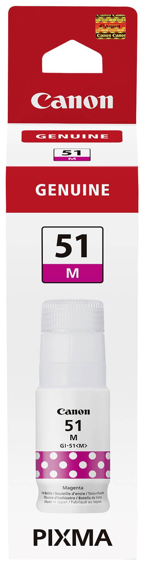 Weiße Canon Tintenflasche mit pinkem Etikett und der Aufschrift '51 M' für PIXMA-Drucker, in Originalverpackung.