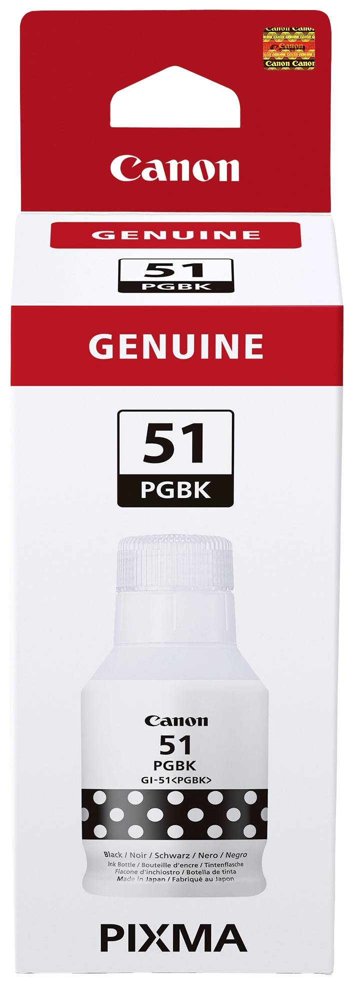 Canon Pixma-Tintenflasche 51 PGBK in schwarzer Farbe, Verpackung zeigt Originalität durch 'Genuine'-Kennzeichnung oben und unten.