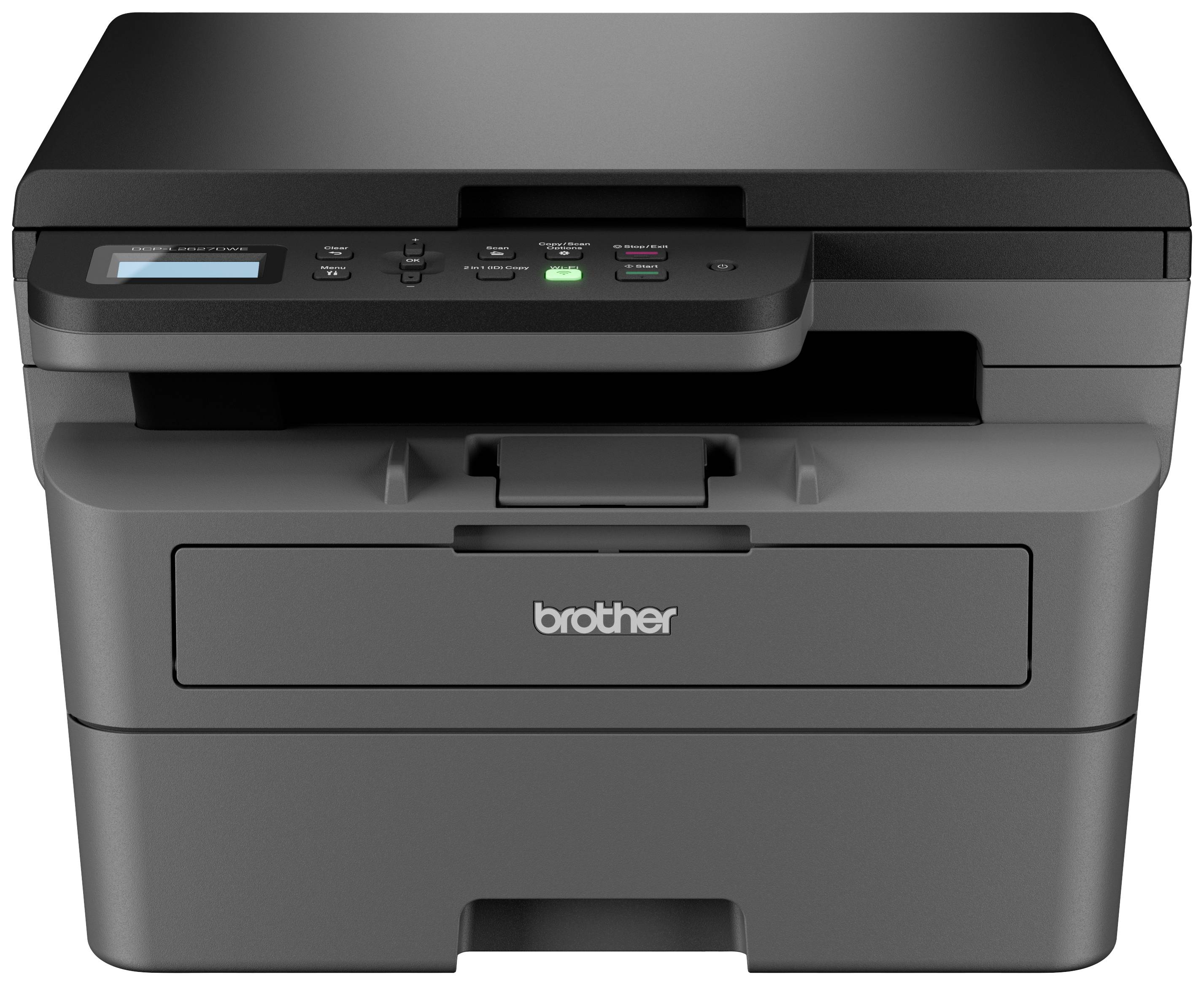 Eine schwarze Multifunktionsdrucker mit Display und Tasten auf der Oberseite, geeignet für Drucken, Scannen und Kopieren.